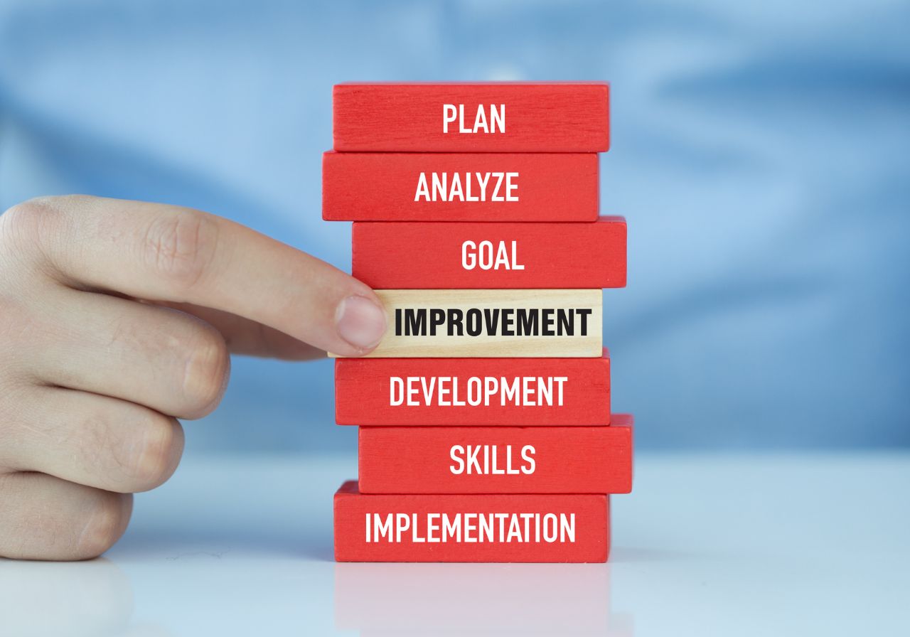 A hand placing a block labeled 'Improvement' among stacked red blocks labeled 'Plan', 'Analyze', 'Goal', 'Development', 'Skills', and 'Implementation'.