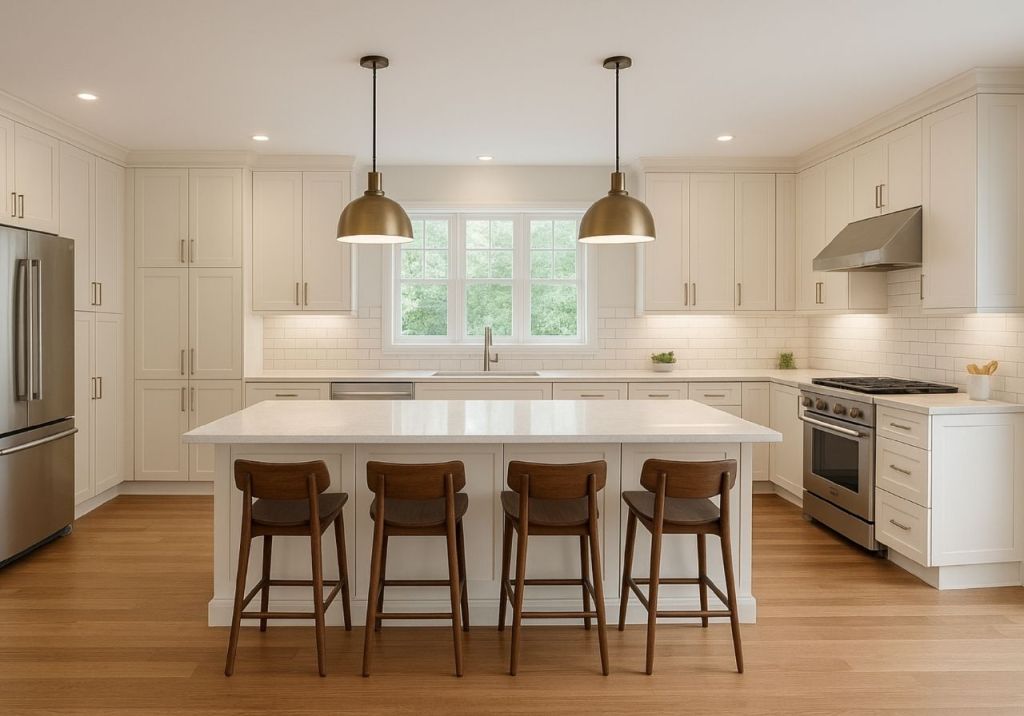 Modern kitchen with white cabinetry, quartz countertop, and stainless steel appliances, featuring a large island with four wooden stools and pendant lighting.