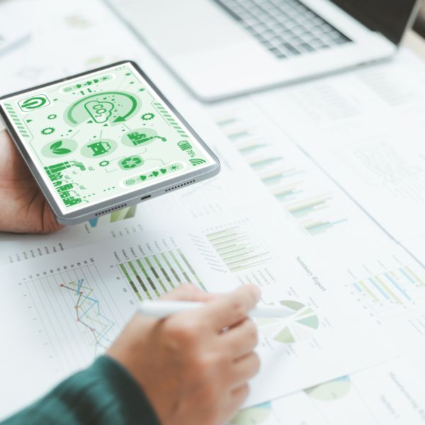 A person holding a tablet displaying green graphs and icons, while using a pen to indicate data on paper charts and reports, surrounded by a laptop and various printed graphs.