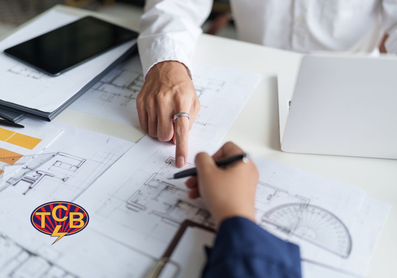 two architects examining construction drawings for an apartment complex