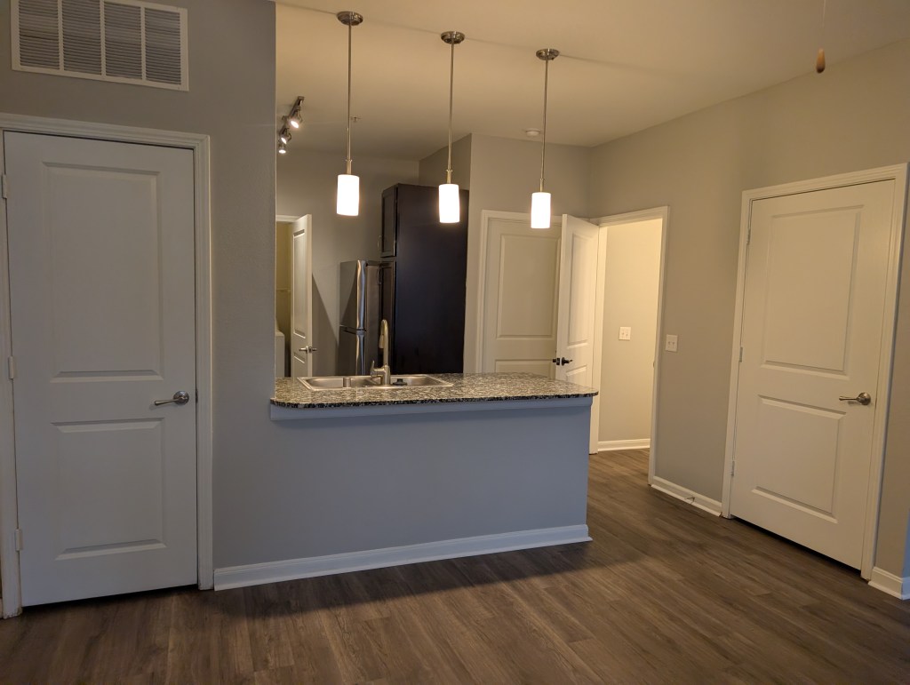 a brand new modern apartment interior with eat in kitchen